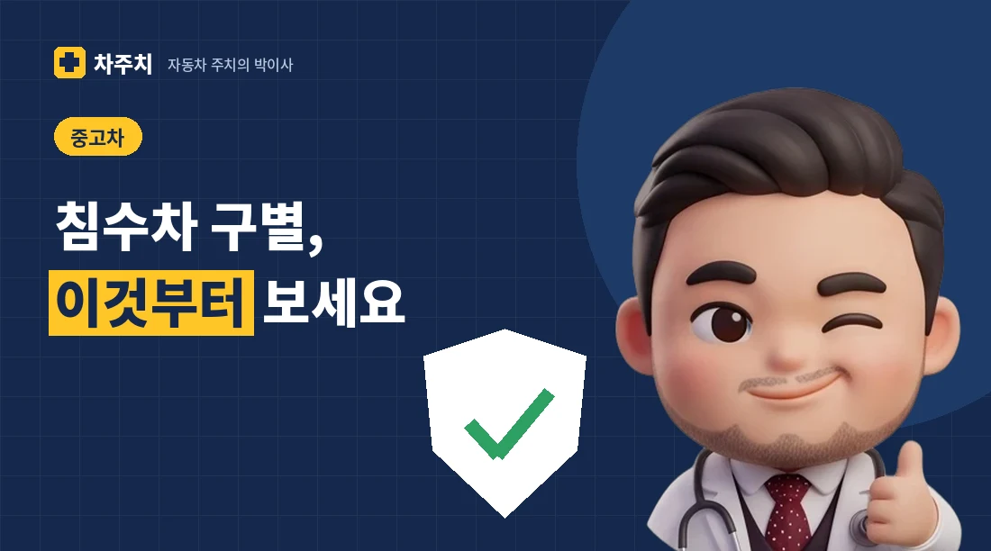 중고차 실내 바닥을 손전등으로 비추며 침수 흔적을 살피는 자동차 주치의 박이사 캐릭터
